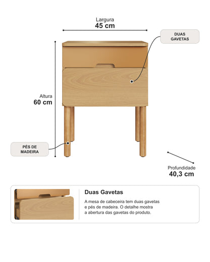 Mesa de Cabeceira 2 Gavetas Lumi 45 cm - Mel c/ Dourado