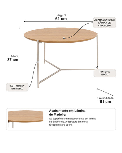 Mesa de Centro Redonda com Tampo em Lâmina de Madeira e pés em Metal Biophilia 61 cm - Mel c/ Champanhe