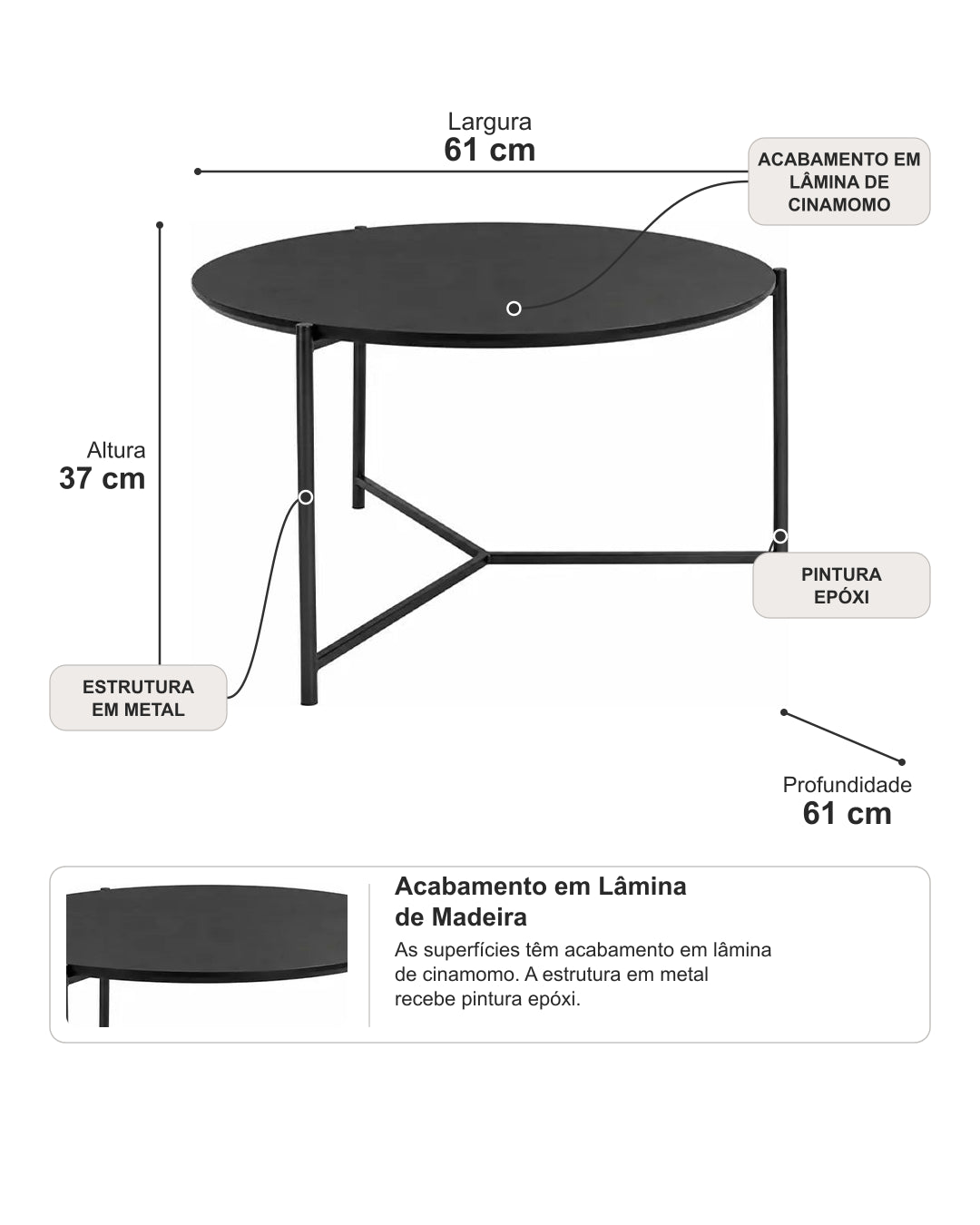 Mesa de Centro Redonda com Tampo em Lâmina de Madeira e pés em Metal Biophilia 61 cm - Preto