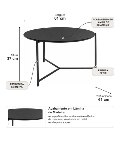 Mesa de Centro Redonda com Tampo em Lâmina de Madeira e pés em Metal Biophilia 61 cm - Preto
