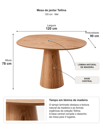 Mesa de Jantar Orgânica Tampo Laminado para 4 Lugares Tellina 120 cm - Mel