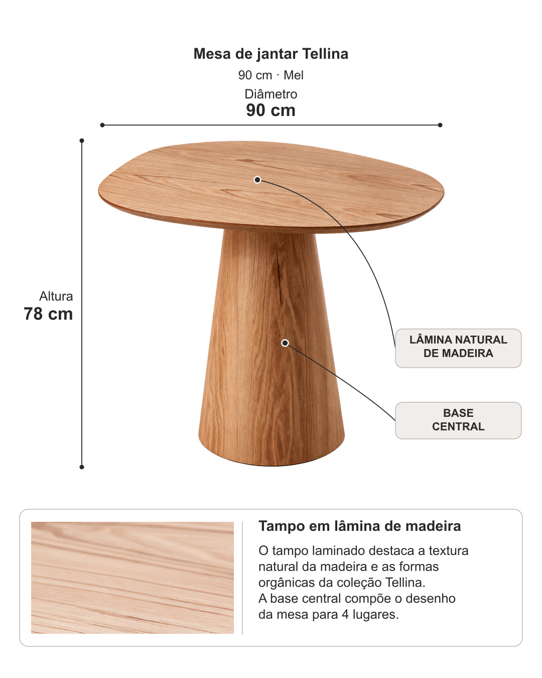 Mesa de Jantar Orgânica Tampo Laminado para 4 Lugares Tellina 90 cm - Mel