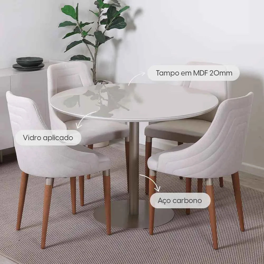 Conjunto de Jantar Mesa Redonda com Vidro Cloe 4 Cadeiras Abany Off White Fosco c/ Linho Mescla Cru