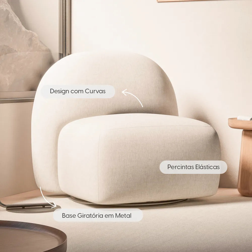 Poltrona Estofada Giratória Aurora - Linho Texturizado Off White