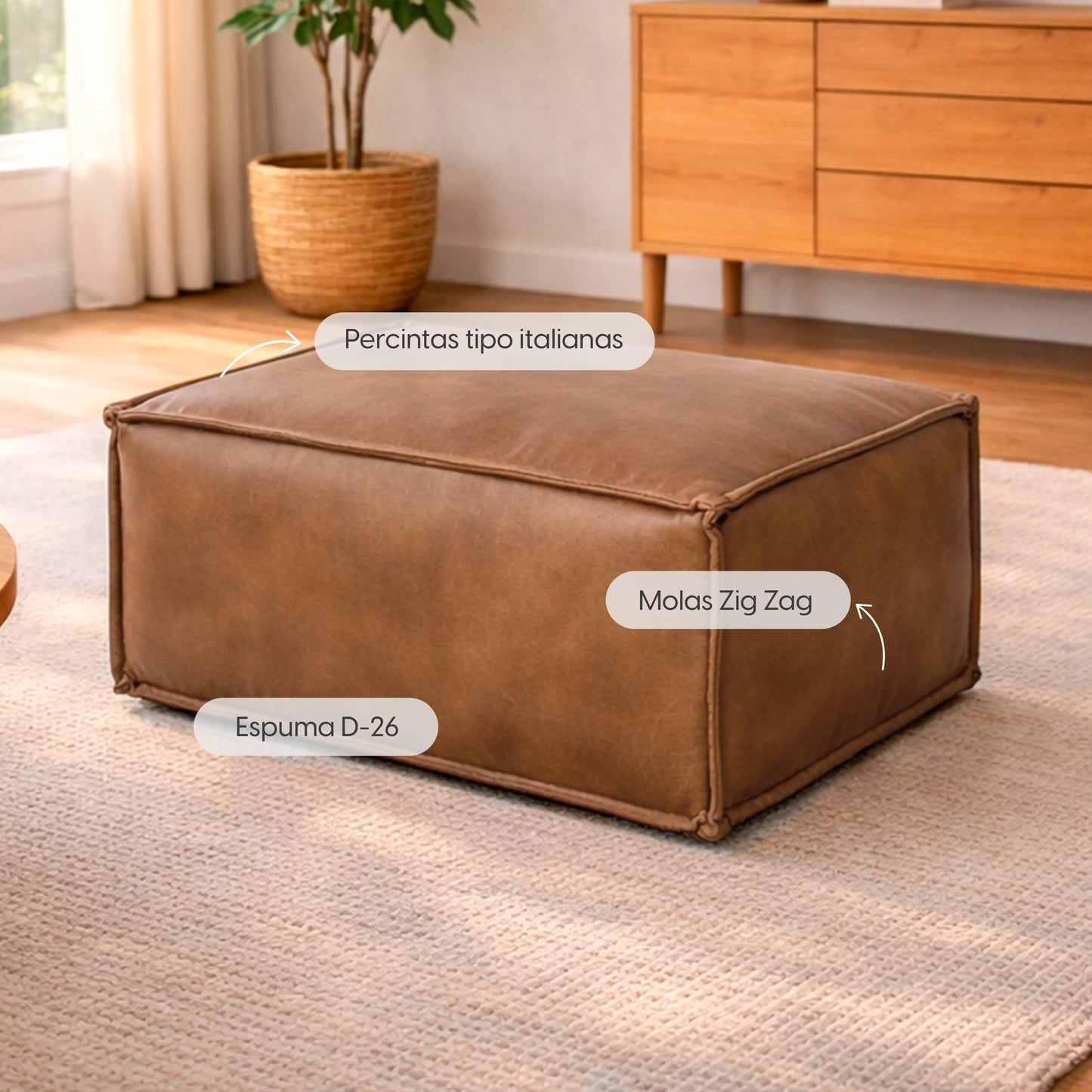 Puff Modular Estofado Freddo 80 cm - PU Caramelo