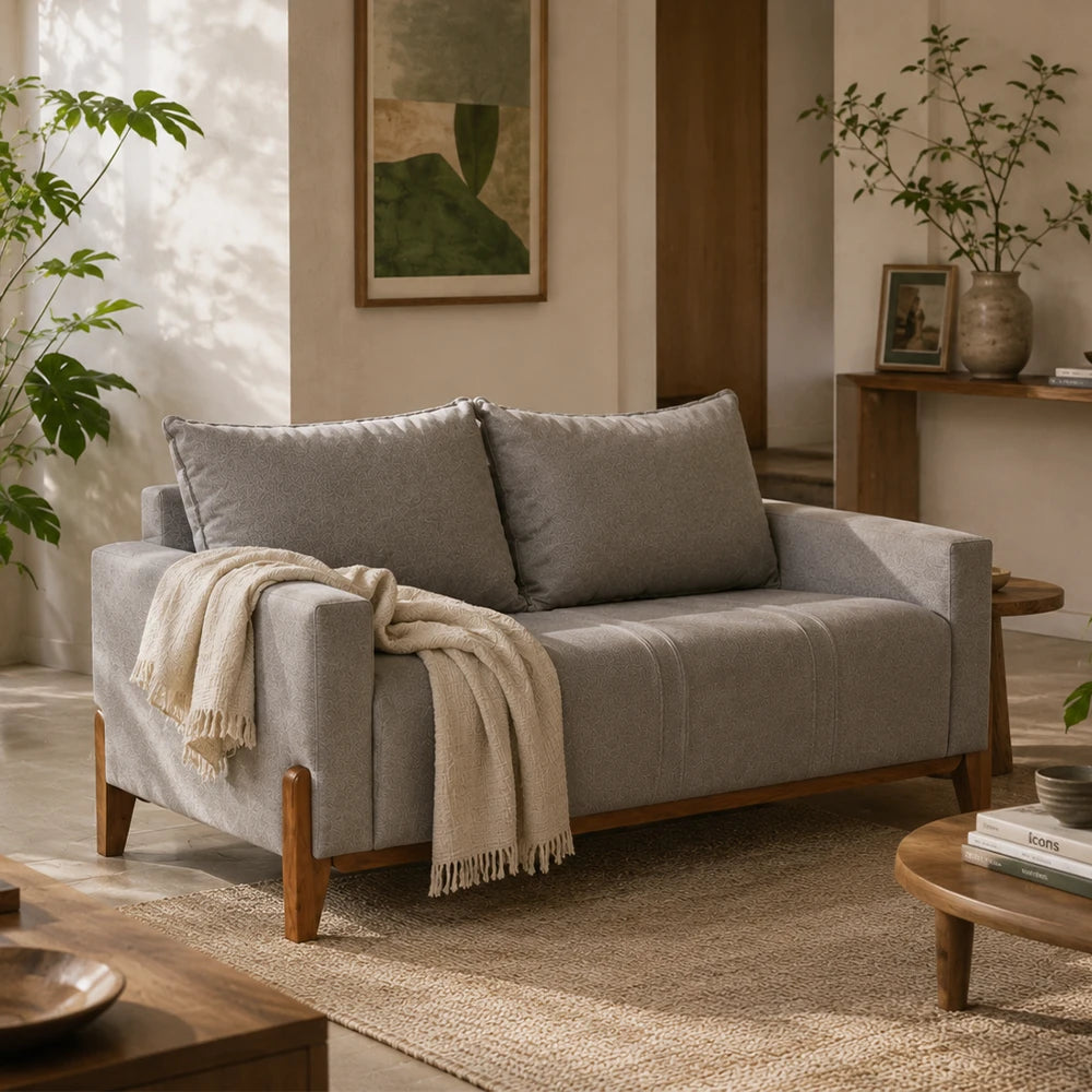 Sofá 2 Lugares Elio 148 cm - Linho Cinza c/ Mel