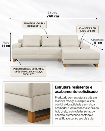 Sofá 3 Lugares com Chaise Lado Direito Mônaco 240 cm - Linho Texturizado Bege c/ Natural