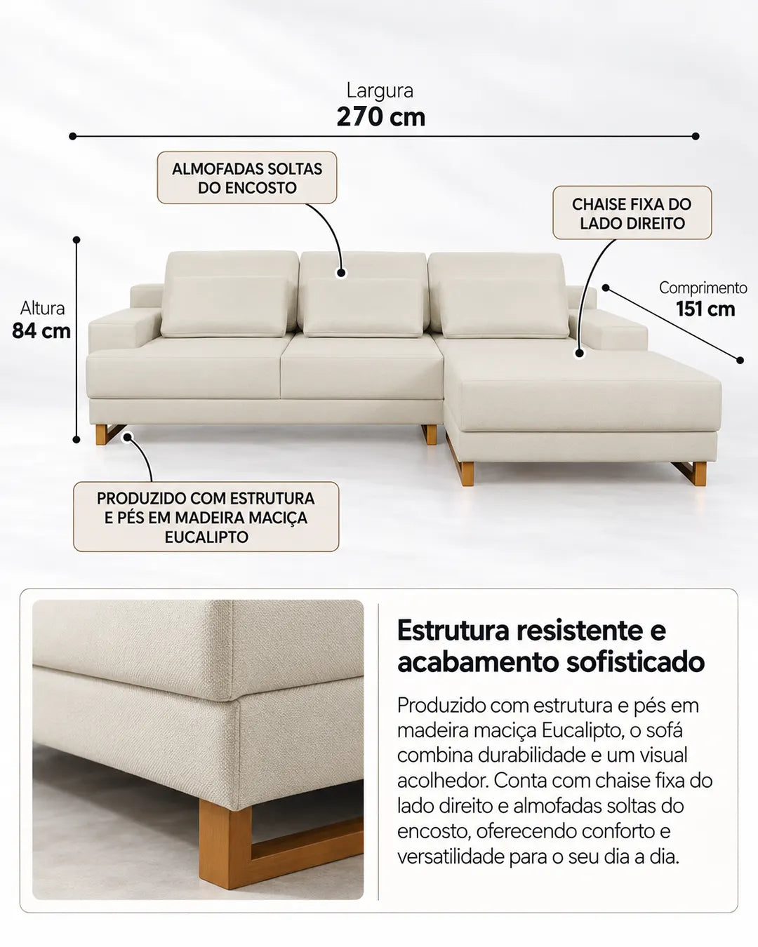 Sofá 3 Lugares com Chaise Lado Direito Mônaco 270 cm - Linho Texturizado Bege c/ Natural