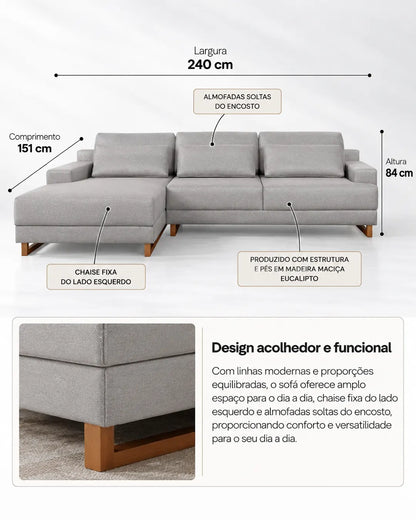Sofá 3 Lugares com Chaise Lado Esquerdo Mônaco 240 cm - Linho Texturizado Cinza c/ Natural