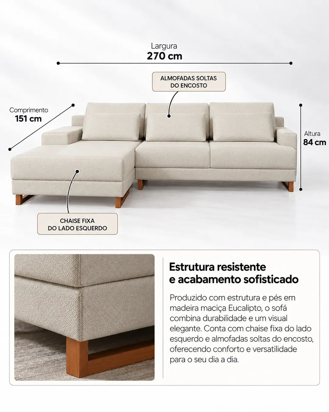 Sofá 3 Lugares com Chaise Lado Esquerdo Mônaco 270 cm - Linho Texturizado Bege c/ Natural