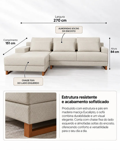 Sofá 3 Lugares com Chaise Lado Esquerdo Mônaco 270 cm - Linho Texturizado Bege c/ Natural