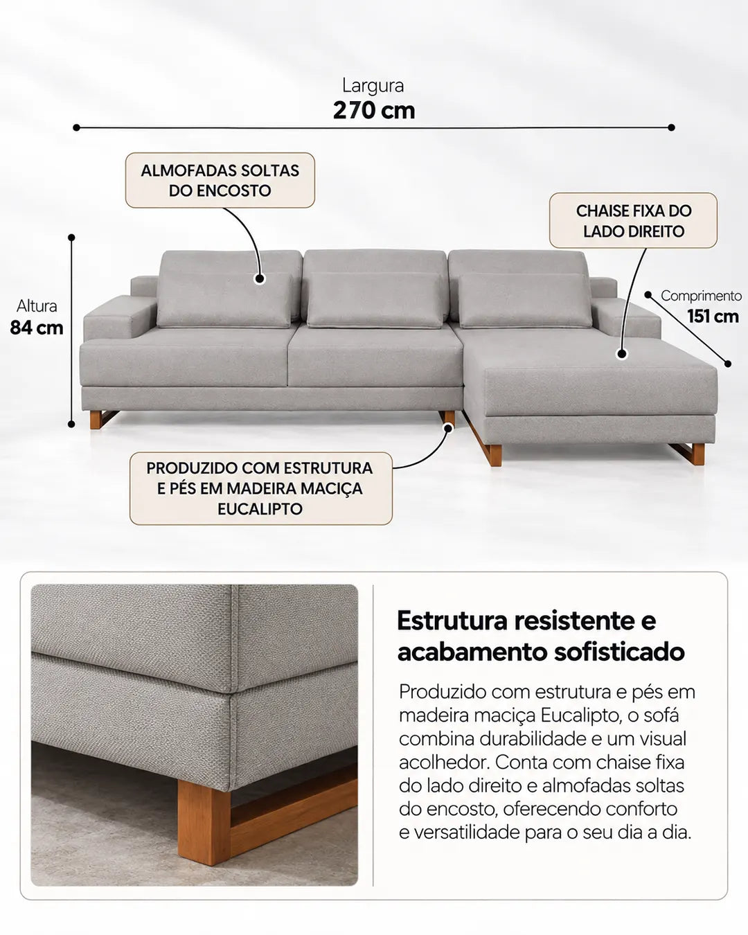 Sofá 3 Lugares com Chaise Lado Direito Mônaco 270 cm - Linho Texturizado Cinza c/ Natural