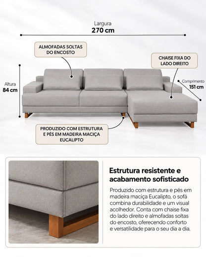 Sofá 3 Lugares com Chaise Lado Direito Mônaco 270 cm - Linho Texturizado Cinza c/ Natural