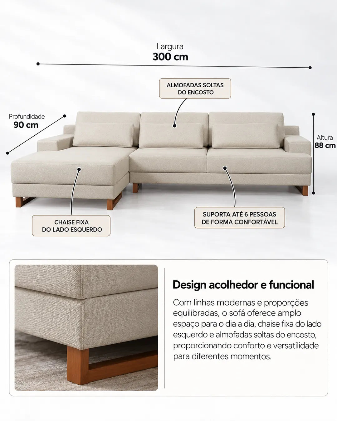 Sofá 6 Lugares com Chaise Lado Esquerdo Mônaco 300 cm - Linho Texturizado Bege c/ Natural