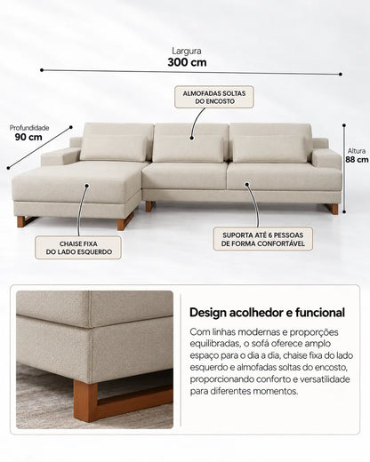 Sofá 6 Lugares com Chaise Lado Esquerdo Mônaco 300 cm - Linho Texturizado Bege c/ Natural