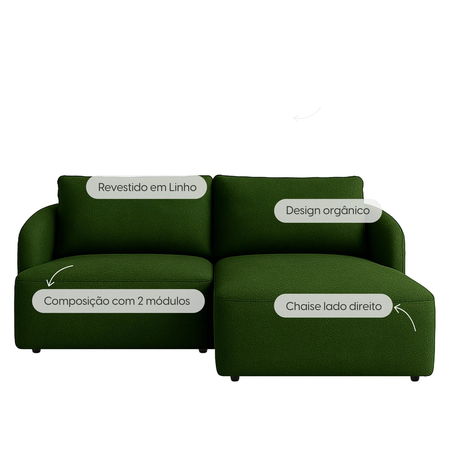 Sofá Modular com Chaise Lado Direito 3 Lugares Mood 194 cm - Linho Trama Verde