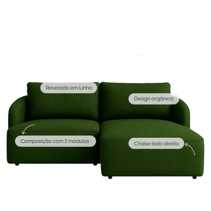 Sofá Modular com Chaise Lado Direito 3 Lugares Mood 194 cm - Linho Trama Verde