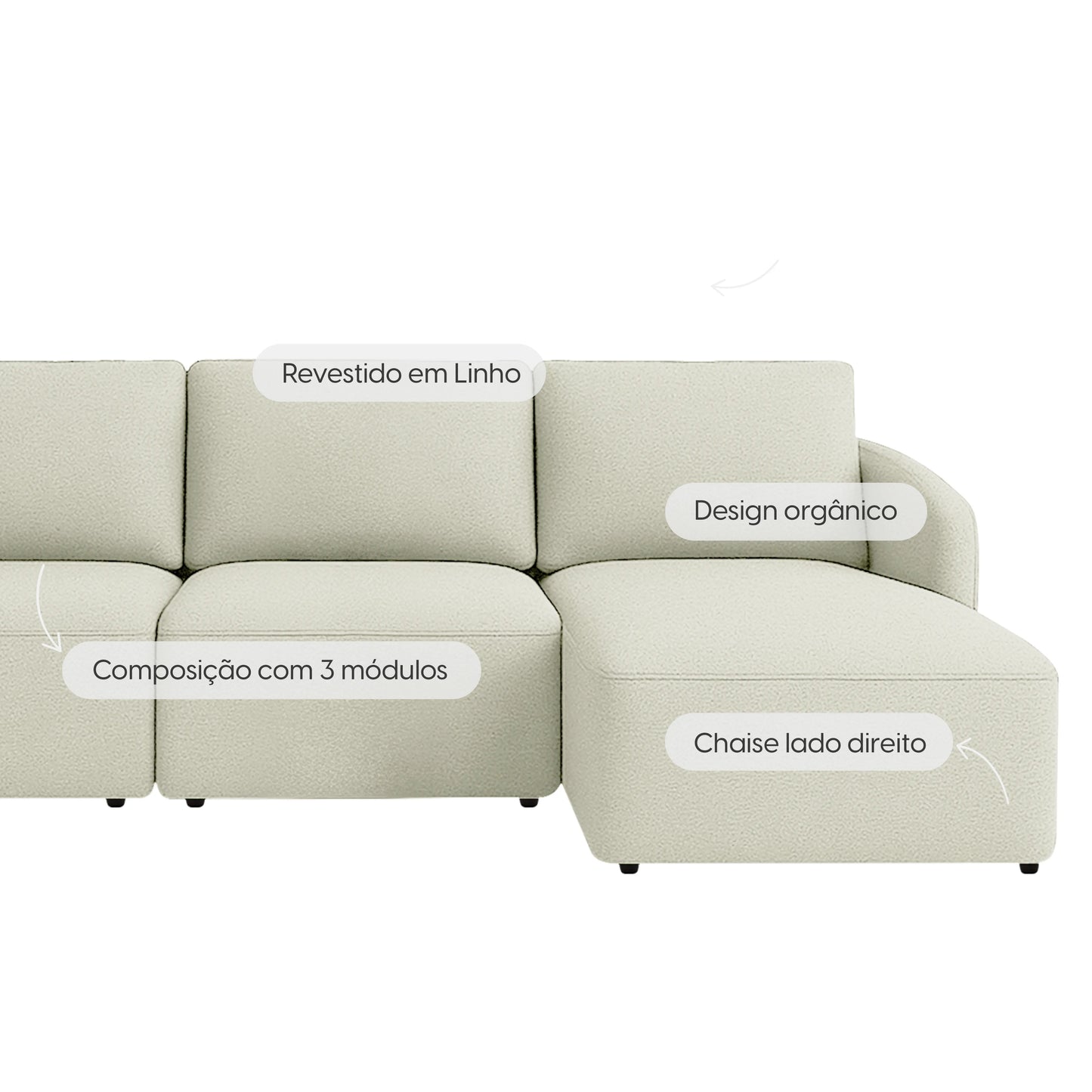 Sofá Modular com Chaise Lado Direito 5 Lugares Mood 294 cm - Linho Bege