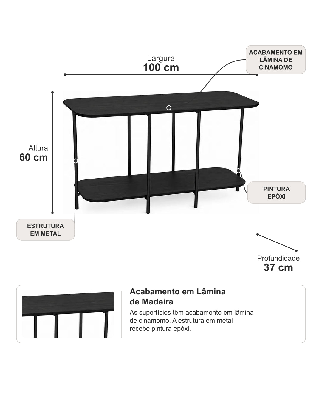 Sofá Table com Tampo em Lâmina de Madeira e pés em Metal Biophilia 100 cm - Preto