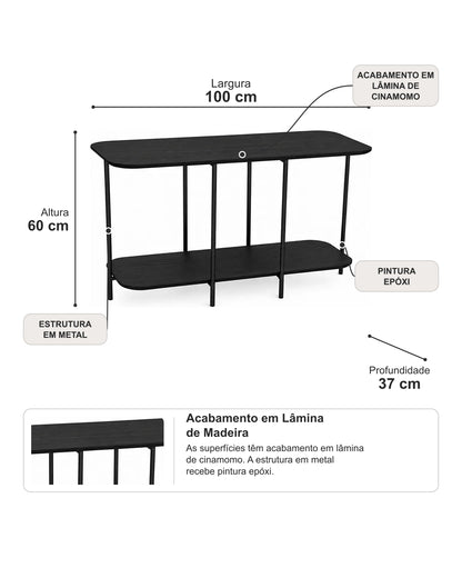Sofá Table com Tampo em Lâmina de Madeira e pés em Metal Biophilia 100 cm - Preto