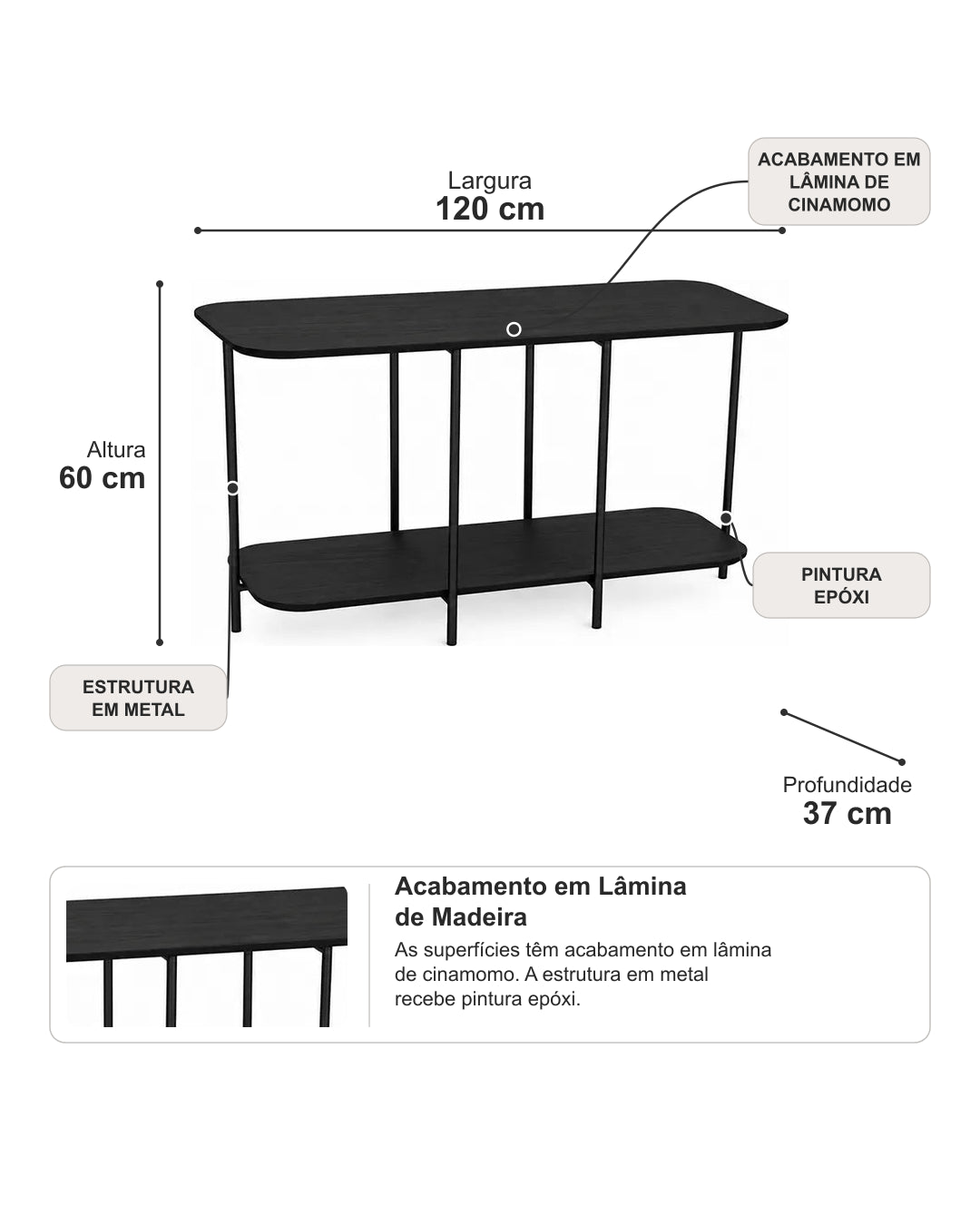 Sofá Table com Tampo em Lâmina de Madeira e pés em Metal Biophilia 120 cm - Preto
