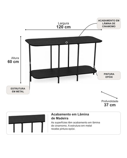 Sofá Table com Tampo em Lâmina de Madeira e pés em Metal Biophilia 120 cm - Preto