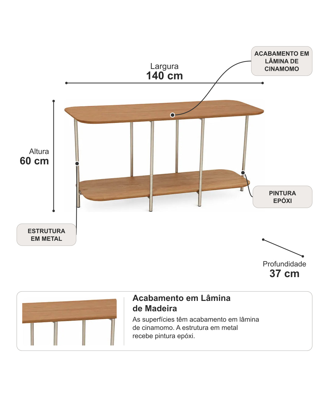 Sofá Table com Tampo em Lâmina de Madeira e pés em Metal Biophilia 140 cm - Mel c/ Champanhe