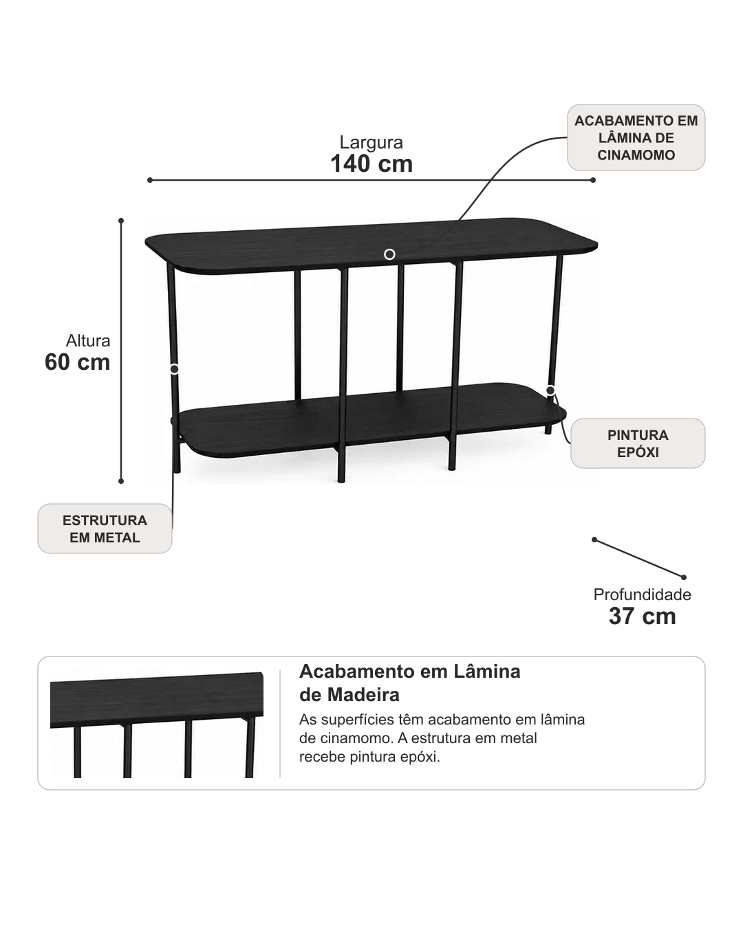 Sofá Table com Tampo em Lâmina de Madeira e pés em Metal Biophilia 140 cm - Preto
