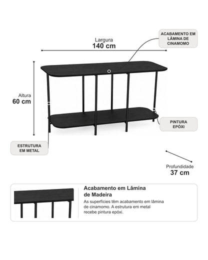 Sofá Table com Tampo em Lâmina de Madeira e pés em Metal Biophilia 140 cm - Preto
