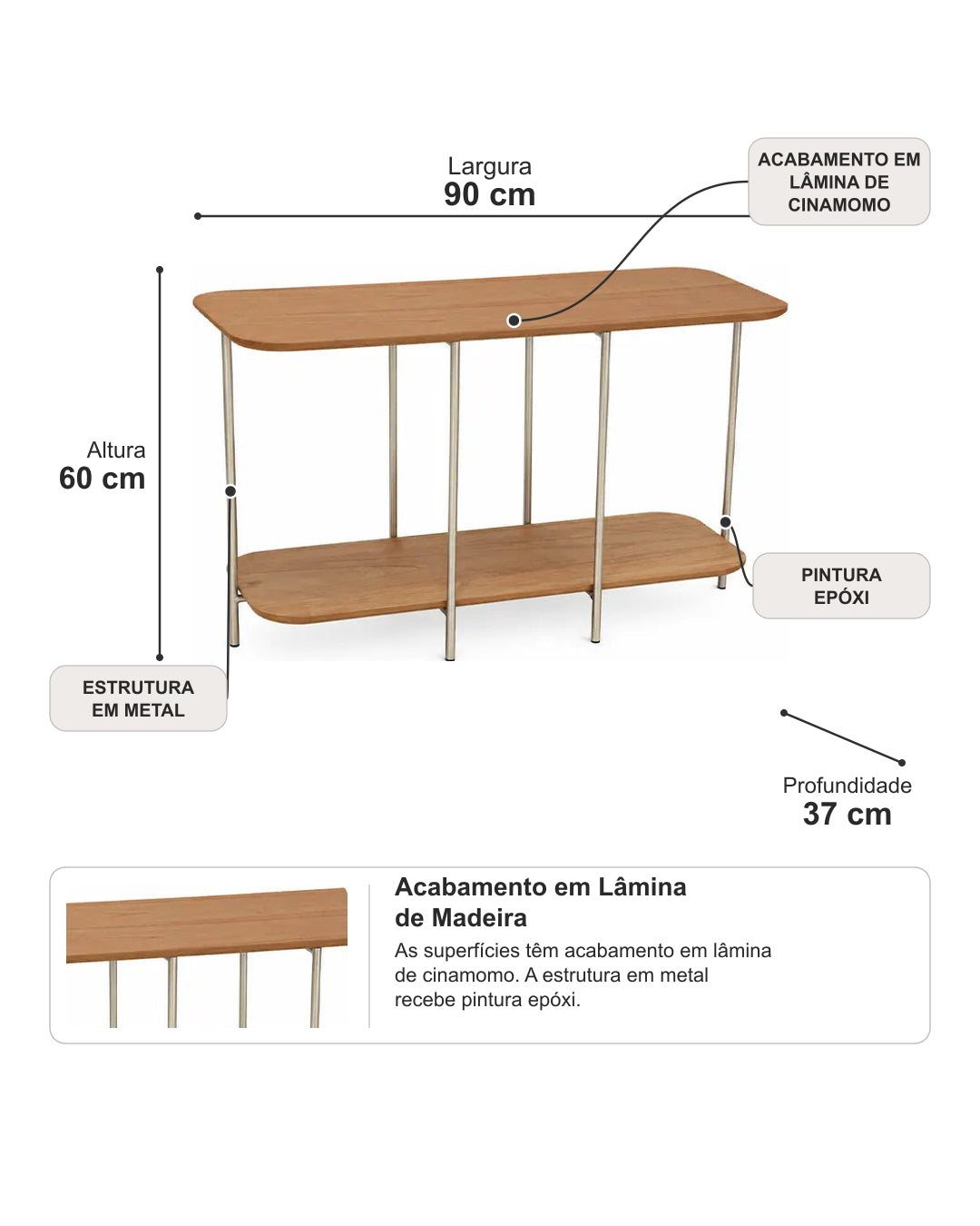 Sofá Table com Tampo em Lâmina de Madeira e pés em Metal Biophilia 90 cm - Mel c/ Champanhe