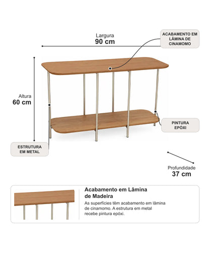 Sofá Table com Tampo em Lâmina de Madeira e pés em Metal Biophilia 90 cm - Mel c/ Champanhe
