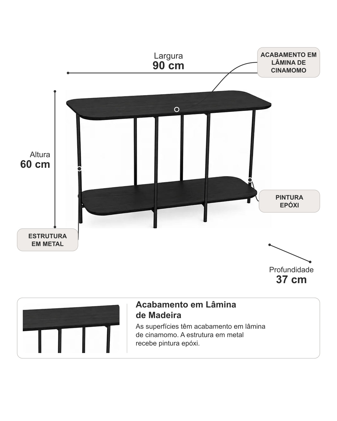 Sofá Table com Tampo em Lâmina de Madeira e pés em Metal Biophilia 90 cm - Preto