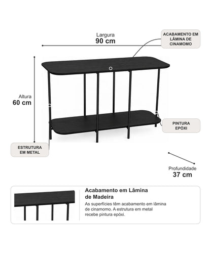 Sofá Table com Tampo em Lâmina de Madeira e pés em Metal Biophilia 90 cm - Preto