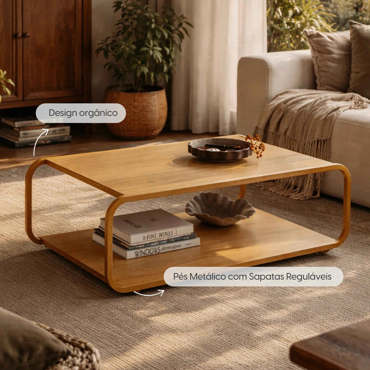 Mesa de Centro Retangular Dunna 80 cm - Mel c/ Dourado
