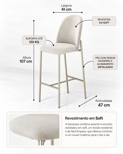 Banqueta Alta de Aço Estofada Lucille - Champanhe c/ Soft Palha