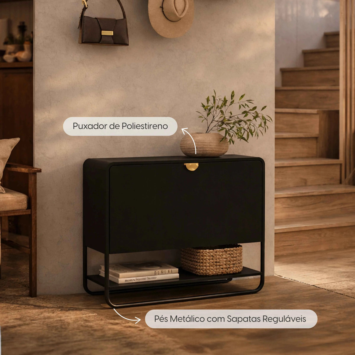 Conjunto Sapateira 1 Porta com Prateleira 3 Guanchos Dunna - Preto c/ Dourado