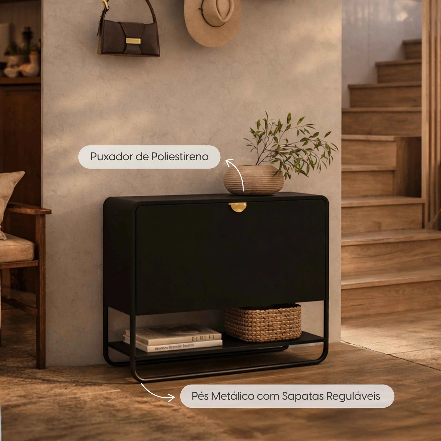 Conjunto Sapateira 1 Porta com Prateleira 3 Guanchos Dunna - Preto c/ Dourado