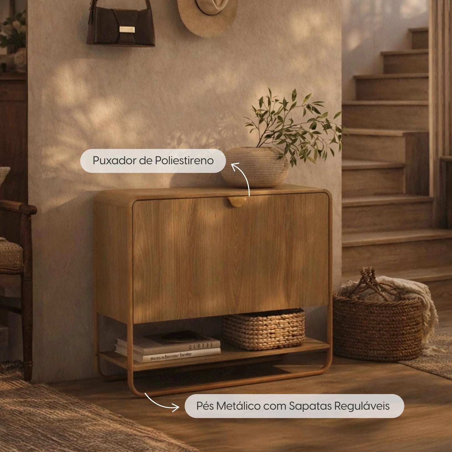 Conjunto Sapateira 1 Porta com Prateleira 3 Guanchos Dunna - Mel c/ Dourado