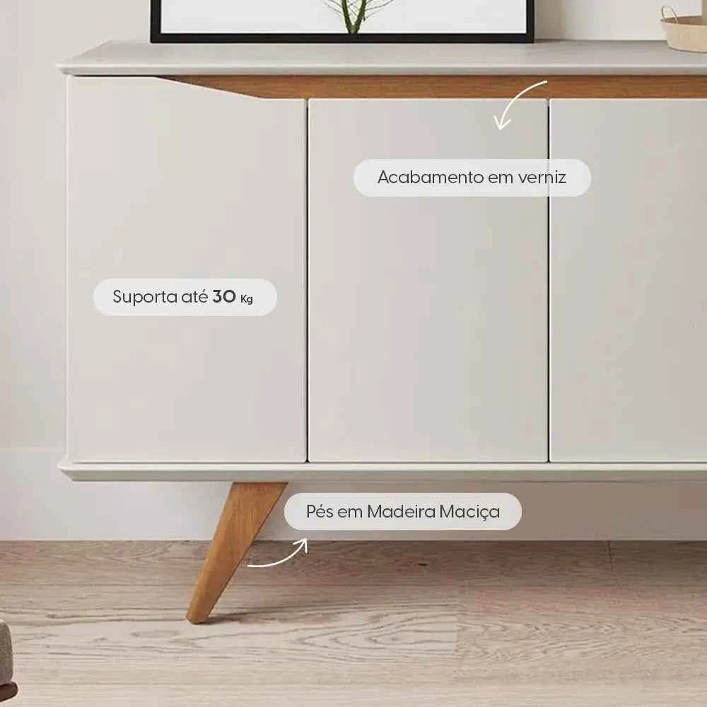 Buffet 4 Portas Pés Madeira Maciça Olive 135 cm - Off White Fosco c/ Natural