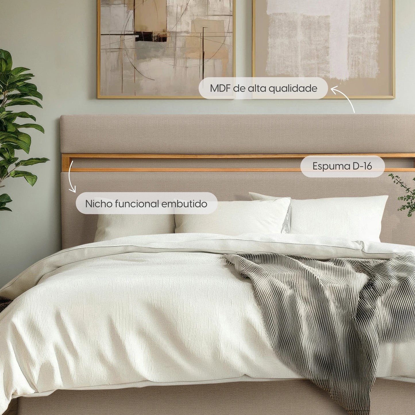 Cabeceira Casal Estofada Mira 140 cm - Mel c/ Linho Bege