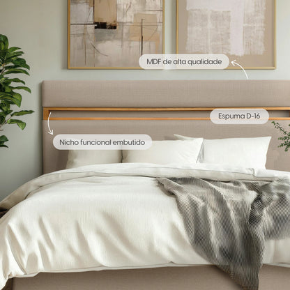 Cabeceira Queen Estofada Mira 160 cm - Mel c/ Linho Bege