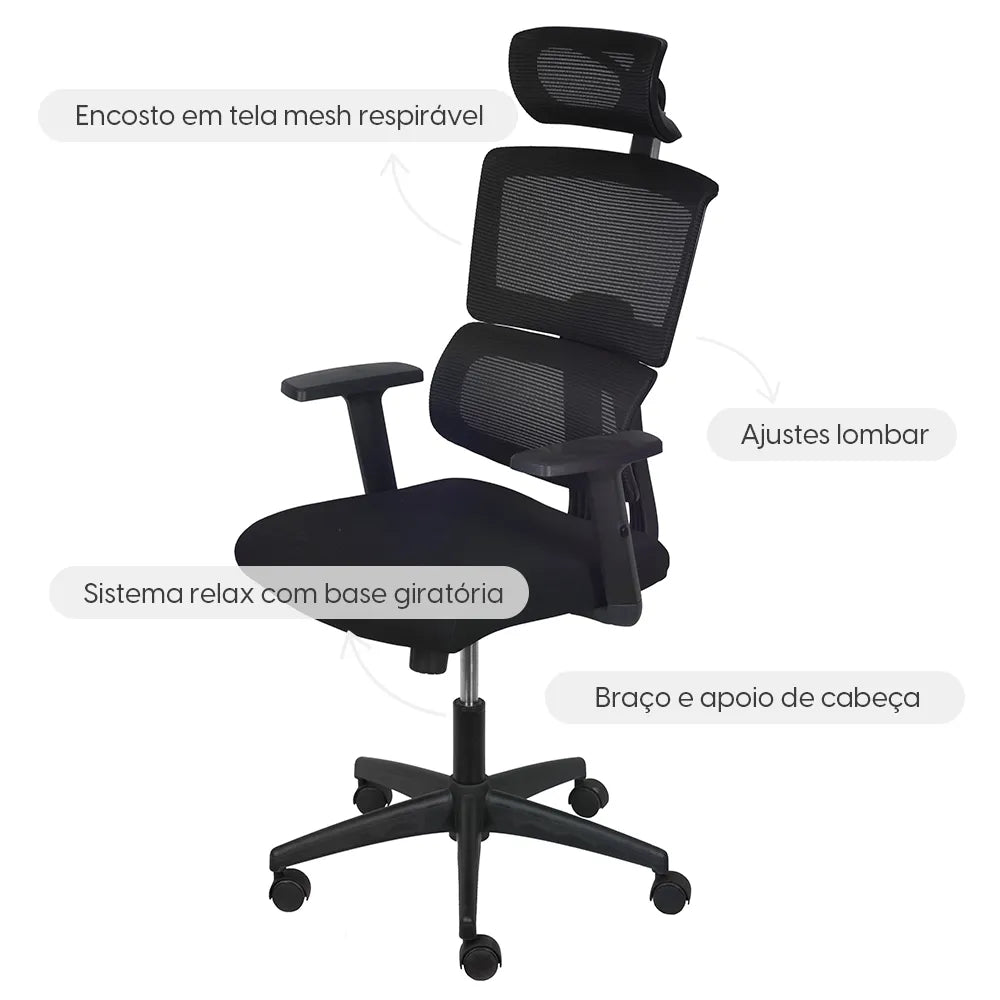 Cadeira de Escritório Giratória com Apoio de Braço e Regulagem de Altura Travis - Preto
