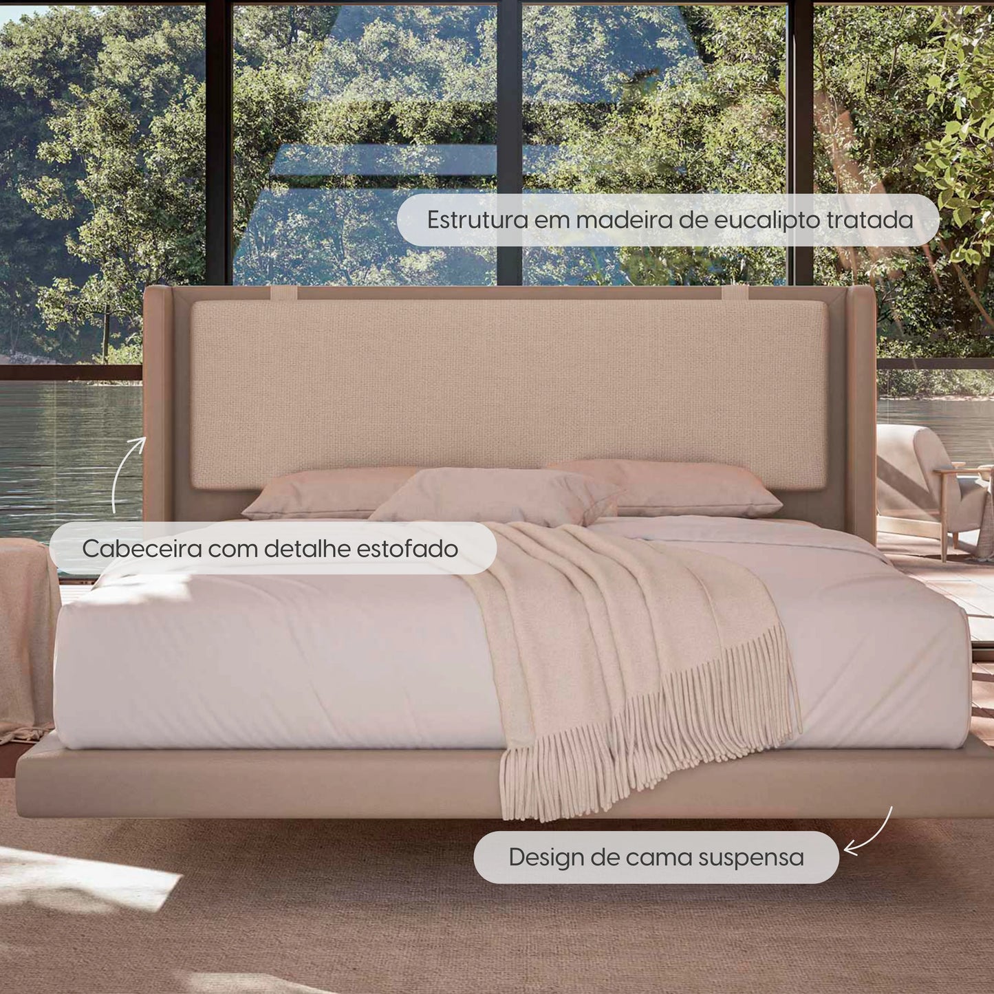 Cama Estofada King Flutuante com Cabeceira Selene - Linho Texturizado Off White c/ PU Fendi