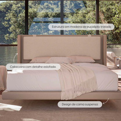Cama Estofada King Flutuante com Cabeceira Selene - Linho Texturizado Off White c/ PU Fendi