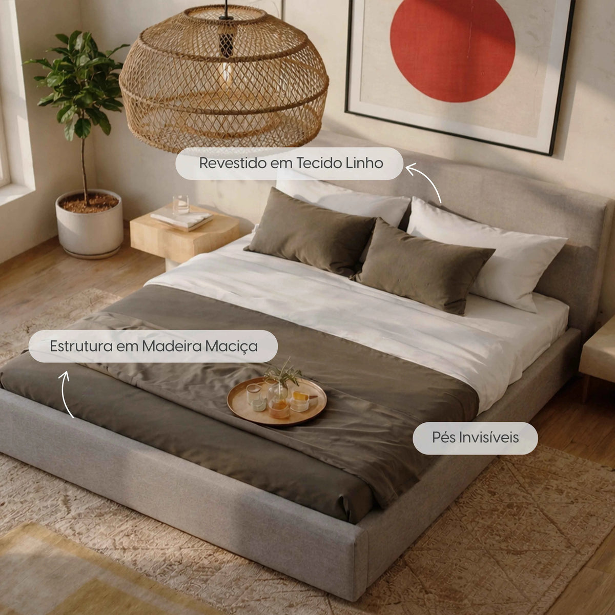 Cama Estofada King com Cabeceira Alicia - Linho Cinza