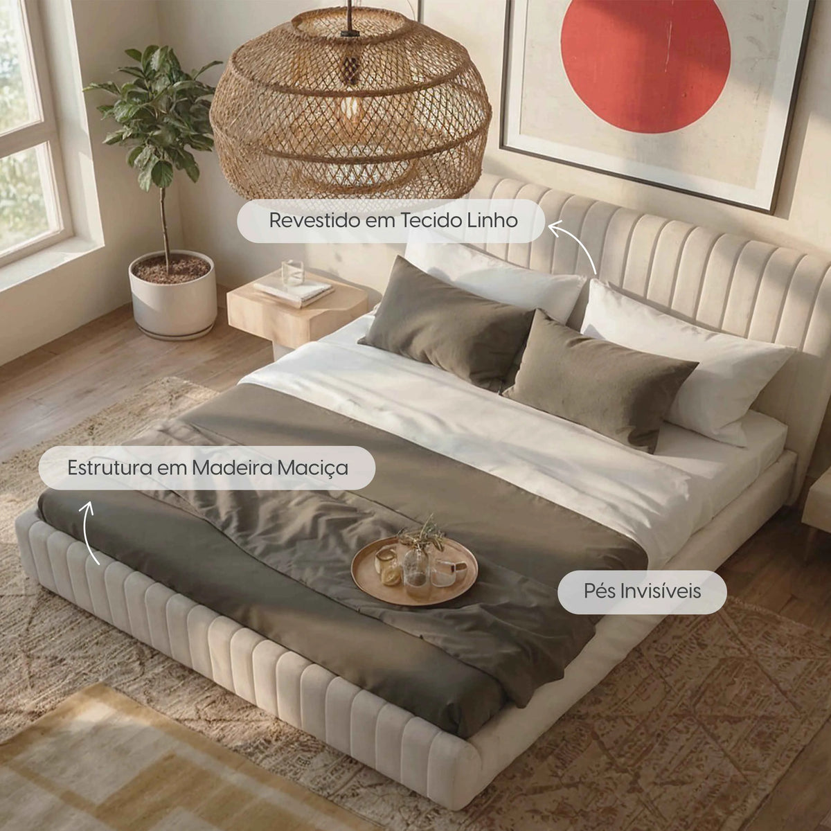Cama Estofada King com Cabeceira Louise - Linho Off White