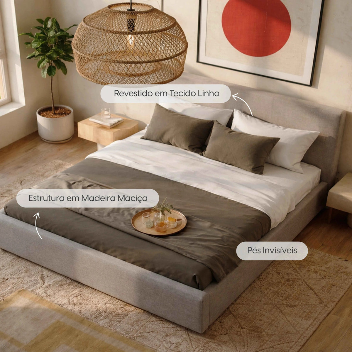 Cama Estofada Queen com Cabeceira Alicia - Linho Cinza