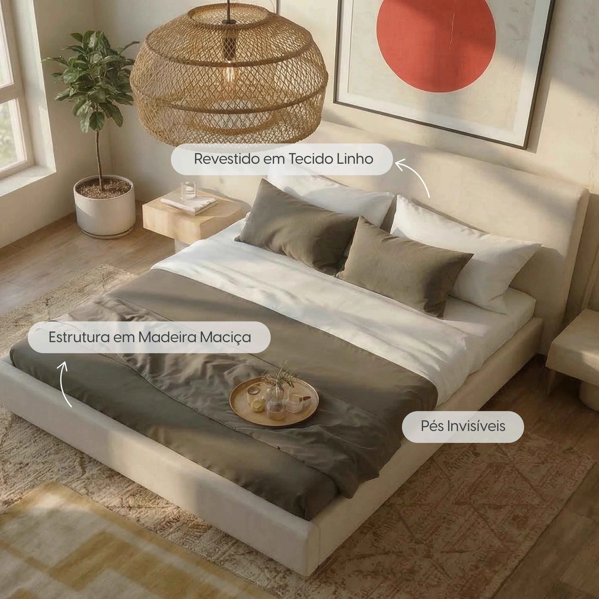 Cama Estofada Queen com Cabeceira Alicia - Linho Off White