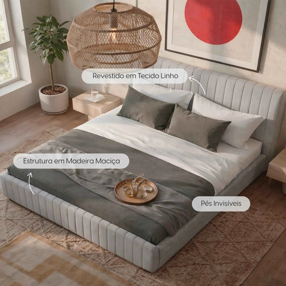 Cama Estofada Queen com Cabeceira Louise - Linho Cinza