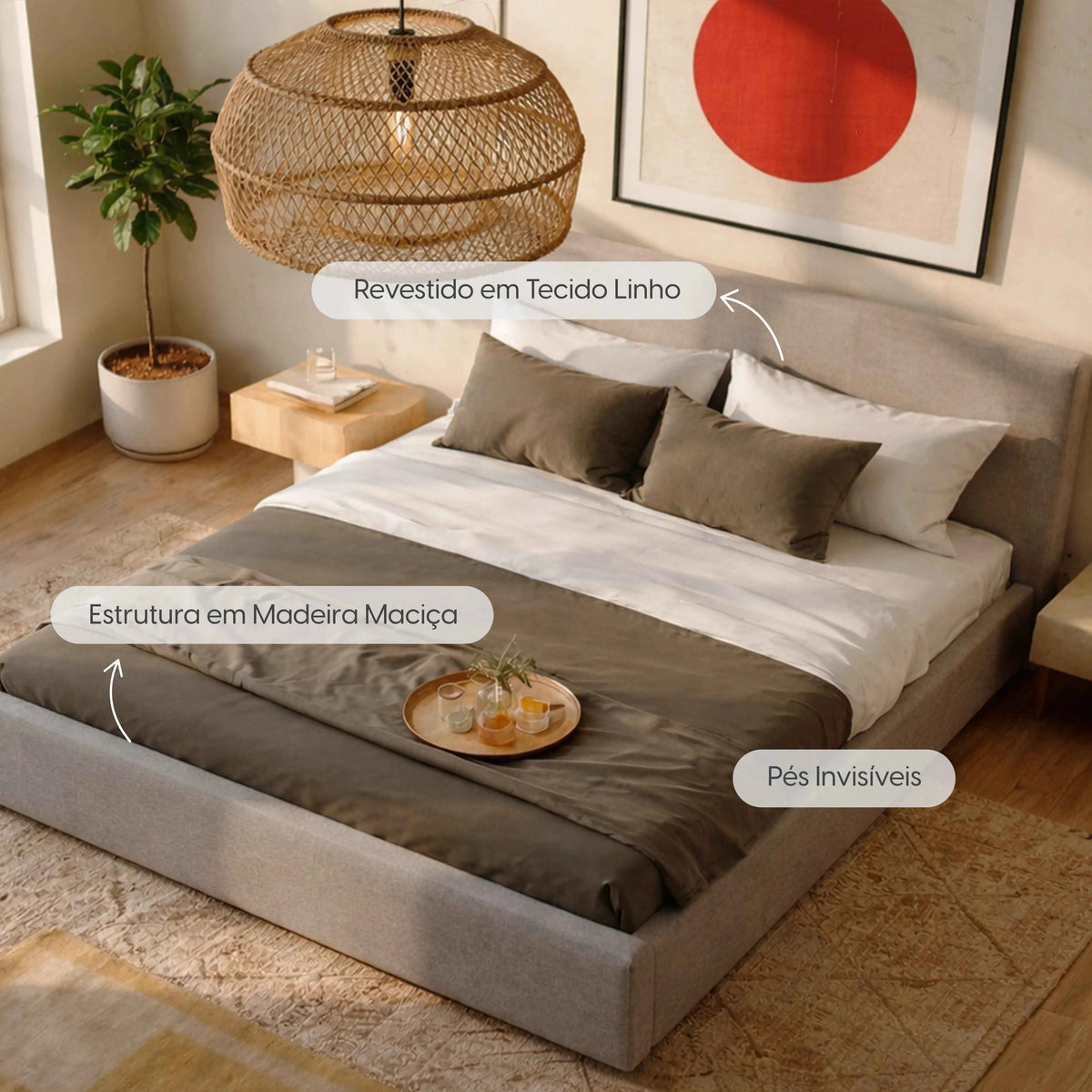 Cama Estofada de Casal com Cabeceira Alicia - Linho Cinza